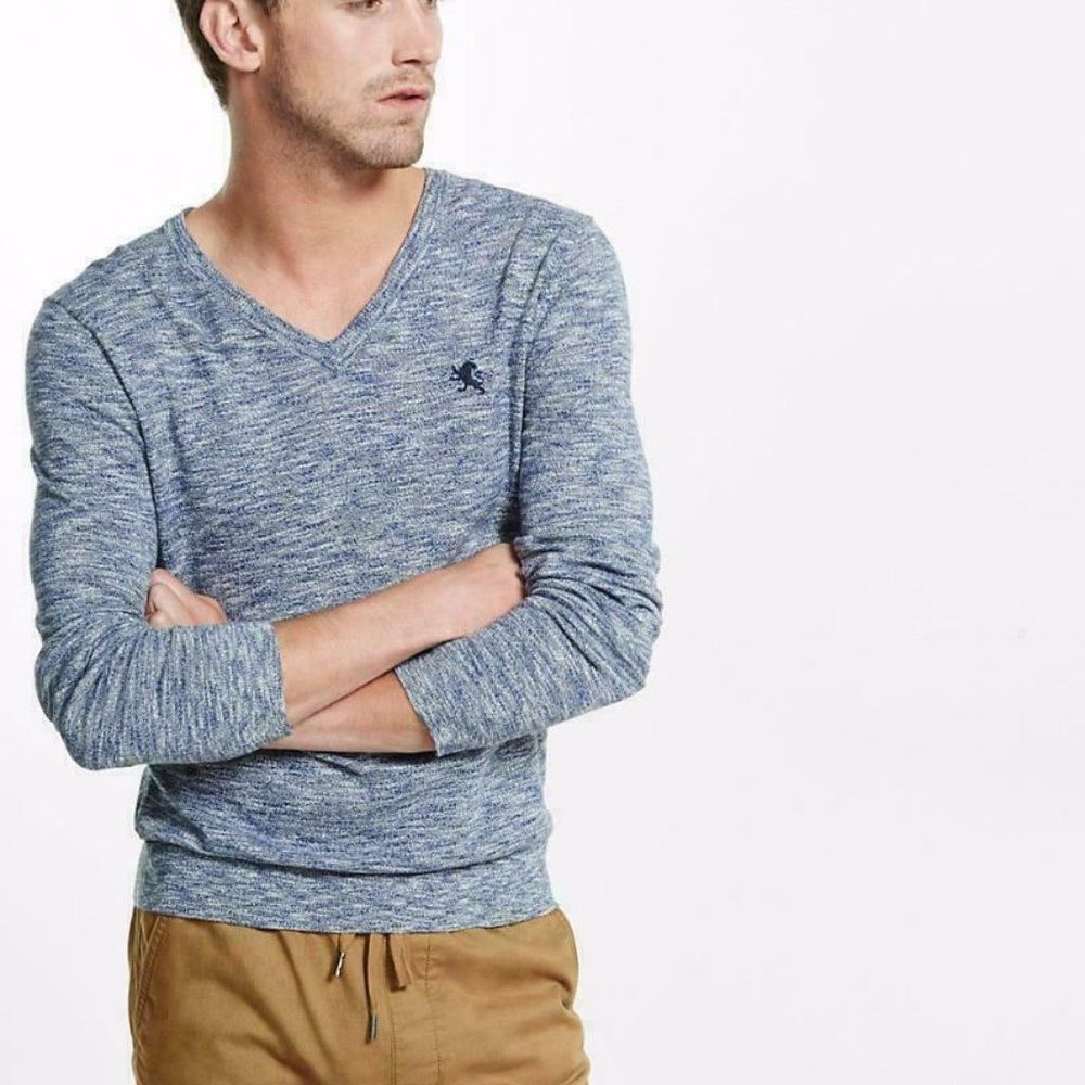 Express Sweater Pullover V-Neck Long Sleeve Blue Marled 100% Cotton Men's Large